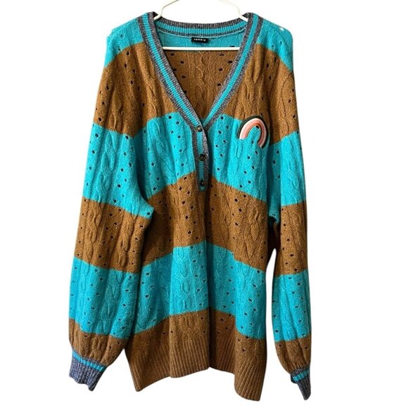 Torrid Plus Vegan Cashmere Teal Pointelle Pullover Henley Rainbow Patch Measured - Picture 1 of 13